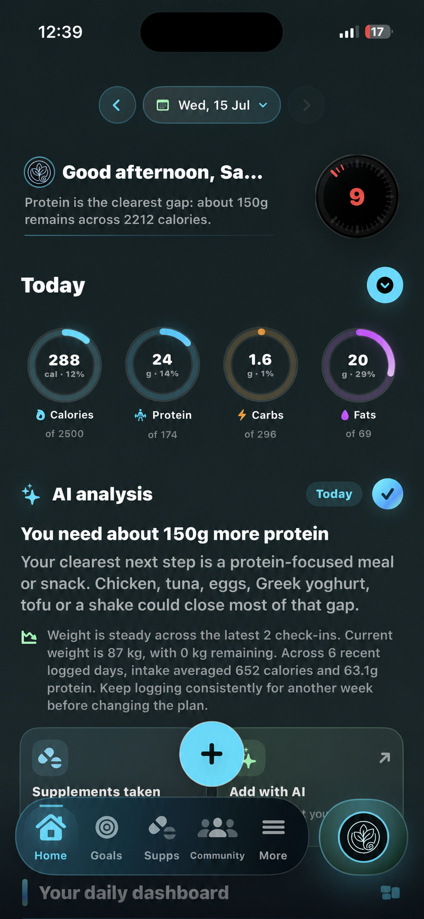 Caltra AI daily nutrition dashboard