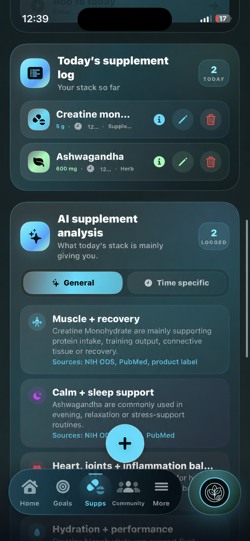 Caltra AI supplement log and analysis screen